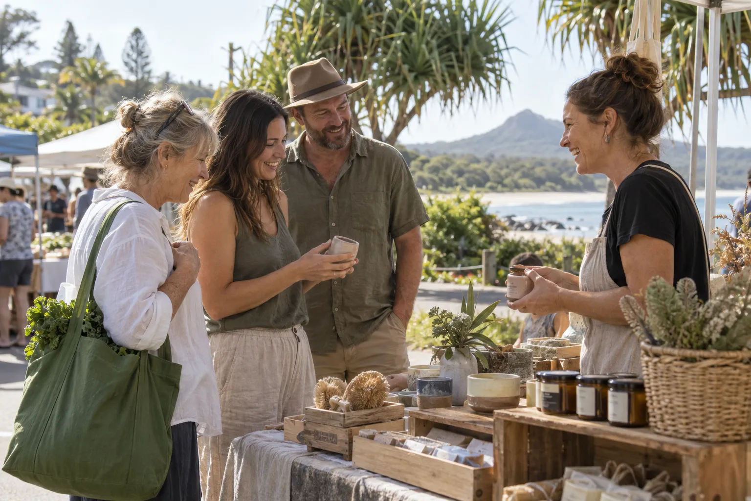 Locals speaking with a small business owner at a coastal community market